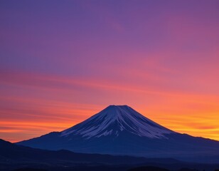 majestic mt, fuji with a snow capped peak against a vibrant purple and orange sunset, under clear daylight, position the subject clearly at the bottom with ample copy space