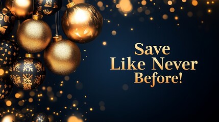 Golden Christmas ornaments on dark background with holiday message.
