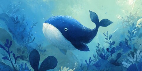 Submarine Whale Amongst Underwater Flora
