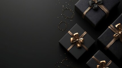 Several gift boxes with golden ribbons on a dark background.