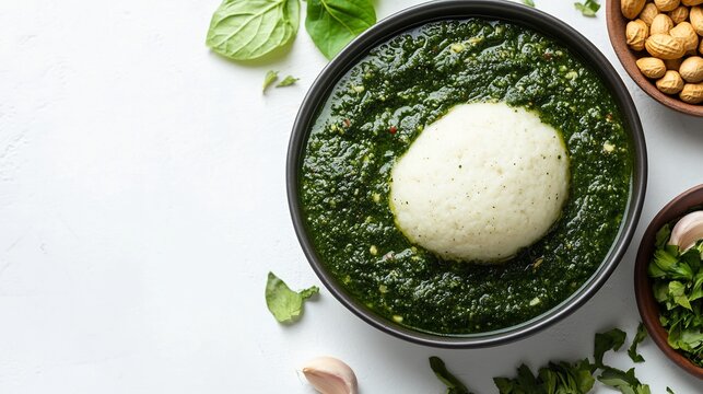 Flat lay of fufu paired Congolese cassava leaf stew a clean white background staple dish from the Congo earthy green saka saka with garlic and peanut flavor cut out on isolated transparent background