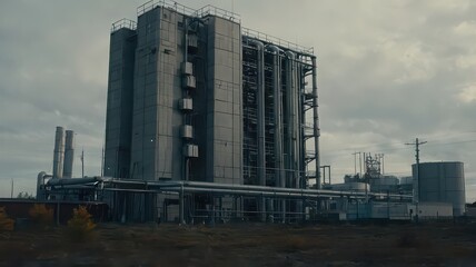 Fototapeta premium Industrial complex featuring a large concrete building with pipes and metal structures under cloudy skies