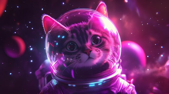 Pixel cat astronaut in a bubble helmet with space-themed background of purple stars and glowing planets