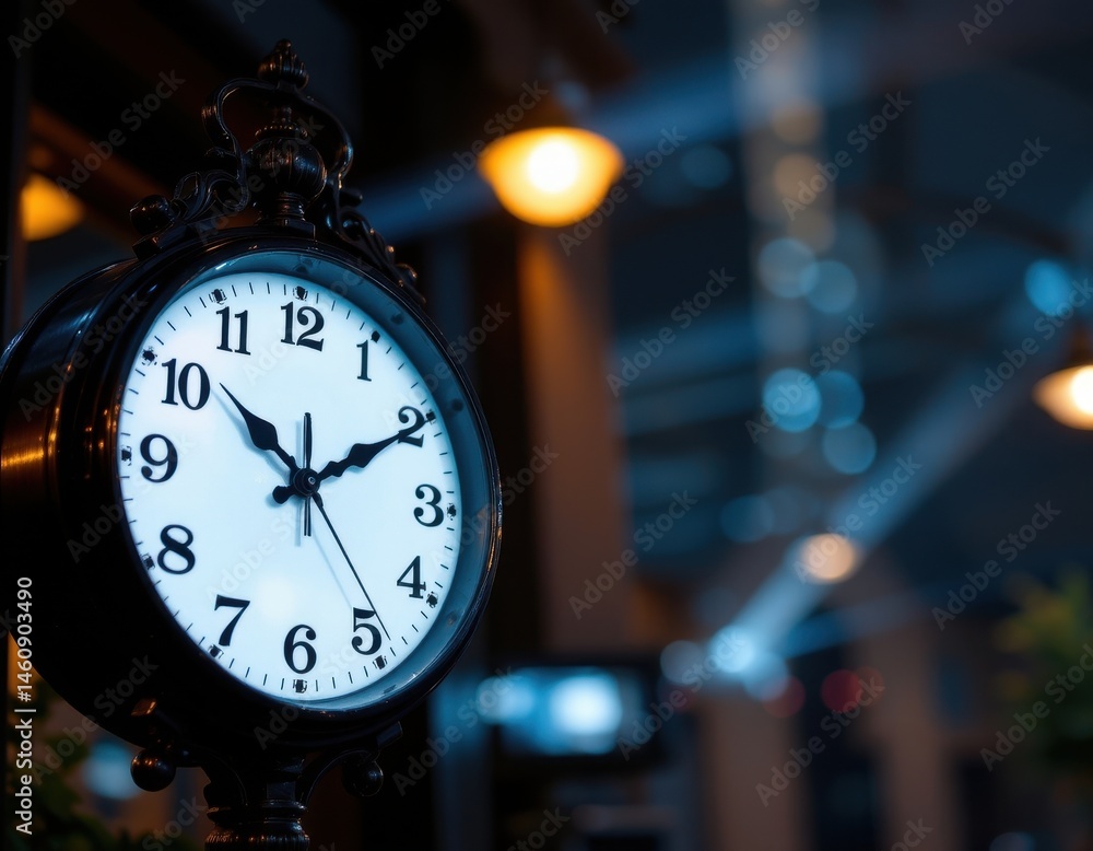 Poster create a photo of a clock in the night positioned on the left side of the image with ample copy spac