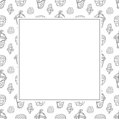 Food frame. doodle fast food square frame. hand drawn food and beverage frame background. food background