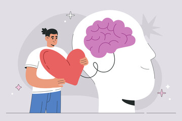 Happy man has heart Brain Harmony. Emotional Intelligence and Mental Health Concept, Mind Body Connection and  Balance. Self Care, Empathy and Psychology flat vector illustration, isolated background