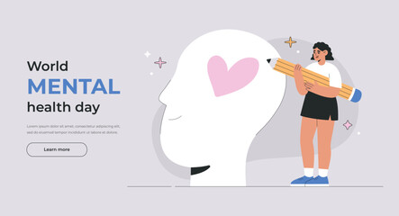 Mental Health Awareness Concept for World Mental Health Day. Happy woman Drawing Heart Inside Head, Symbolizing Self-Love, Positive Thinking, Emotional Support. Vector Flat illustration for Website