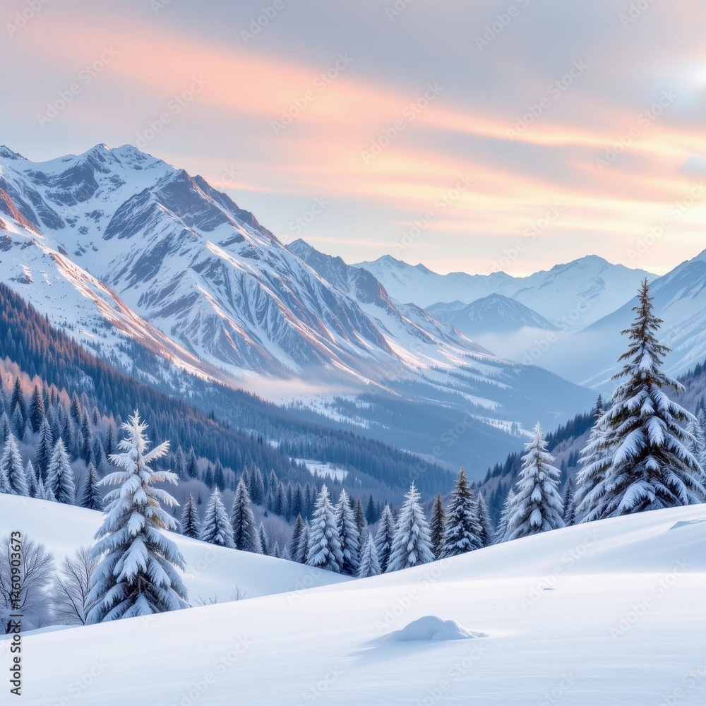 Poster create a winter banner background featuring snow covered mountains on the left and ample copy space 