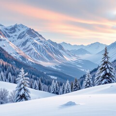 Fototapeta premium create a winter banner background featuring snow covered mountains on the left and ample copy space on the right, the subject should be positioned in the center