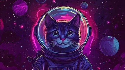 Pixel cat astronaut in a bubble helmet with space-themed background of purple stars and glowing planets