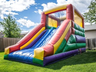 Colorful Inflatable Slide on Green Lawn Under Blue Sky Bounce House for Kids Party Fun Recreation