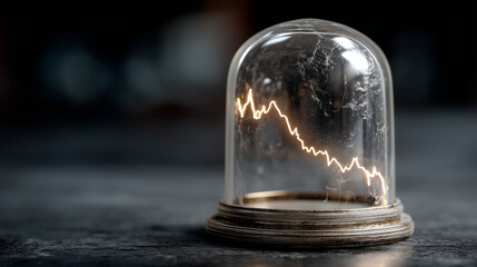 Protected Market Decline: The image portrays a downward trend line encapsulated within a glass dome, symbolizing market volatility, economic uncertainty.