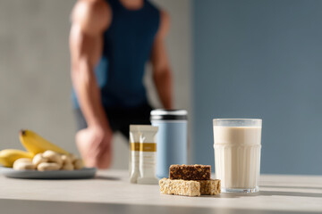 vibrant scene showcasing various sports nutrition products like protein shakes bars and supplements arranged