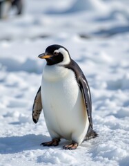create an image of a penguin standing on ice with an isolated background, the penguin should be positioned at the top of the image
