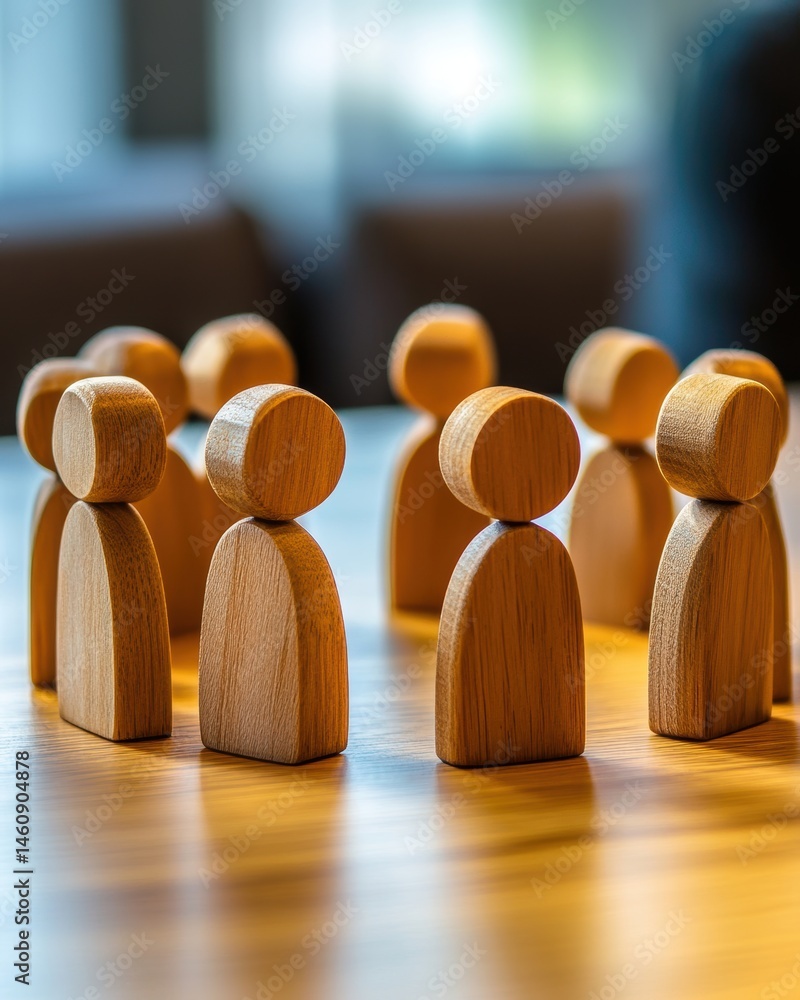Poster wooden figures standing on a table representing a team or community from a low angle in a bright roo