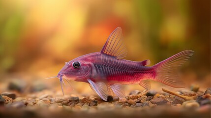 Obraz premium Cherry Barb Fish: A vibrant Cherry Barb fish swims gracefully in a tranquil aquarium environment, its rich hues illuminating the underwater world, showcasing the beauty of aquatic life.