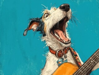 Excited canine playing a musical instrument.