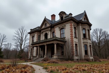 Fototapeta premium create an image of an abandoned mansion, focusing on the right side while leaving generous copy space on the left