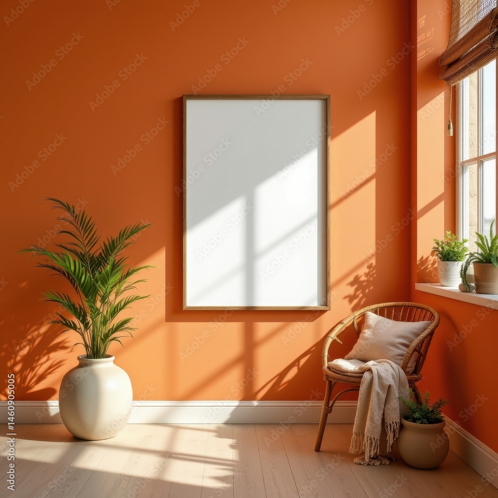 Poster create a minimalist, bohemian style image featuring a blank vertical frame mockup against a warm ora