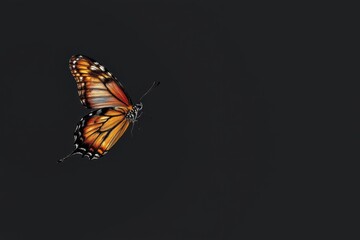 create a captivating image featuring a spiritual butterfly soaring against a stark black background, the ethereal creature, which serves as the central subject