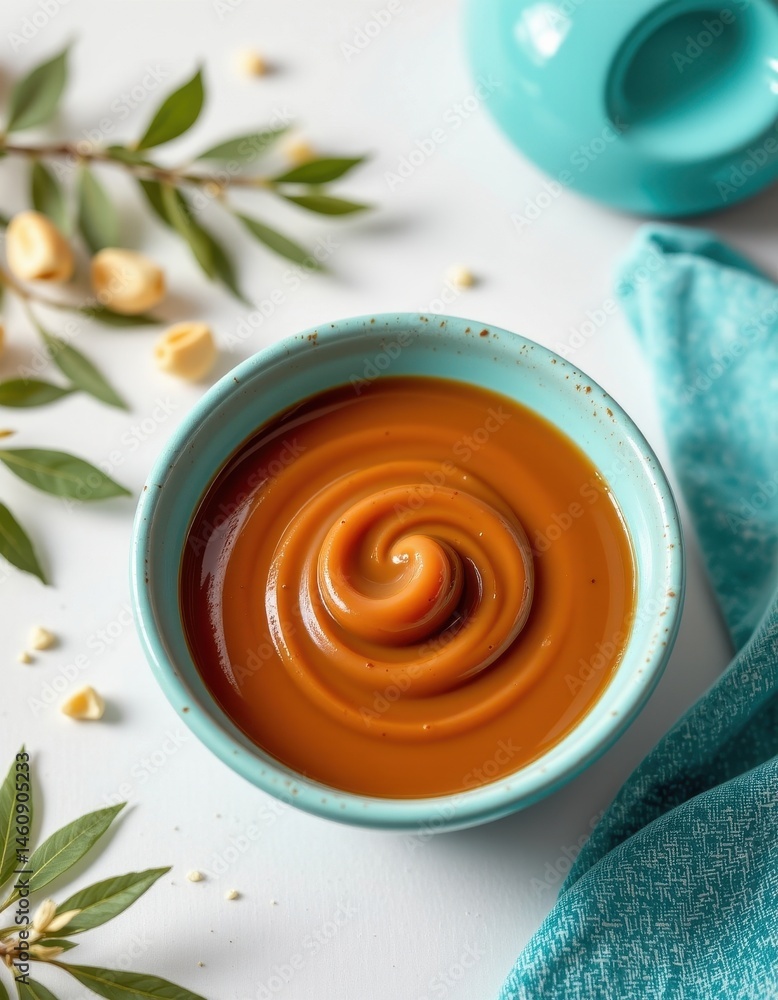 Poster create a visually appealing and isolated image of a bowl of caramel sauce on a white background with