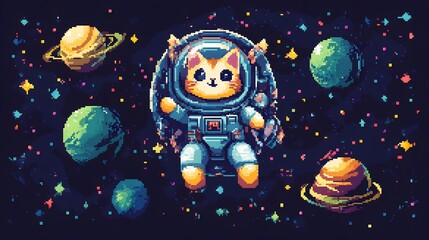 Naklejka premium Cute pixel cat astronaut in a bubble helmet surrounded by stars planets and a small floating spaceship