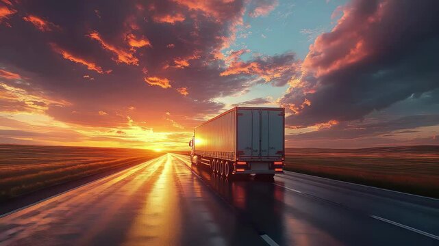 Large semi truck is driving down a road at sunset. The sky is filled with clouds and the sun is setting, creating a beautiful and serene atmosphere