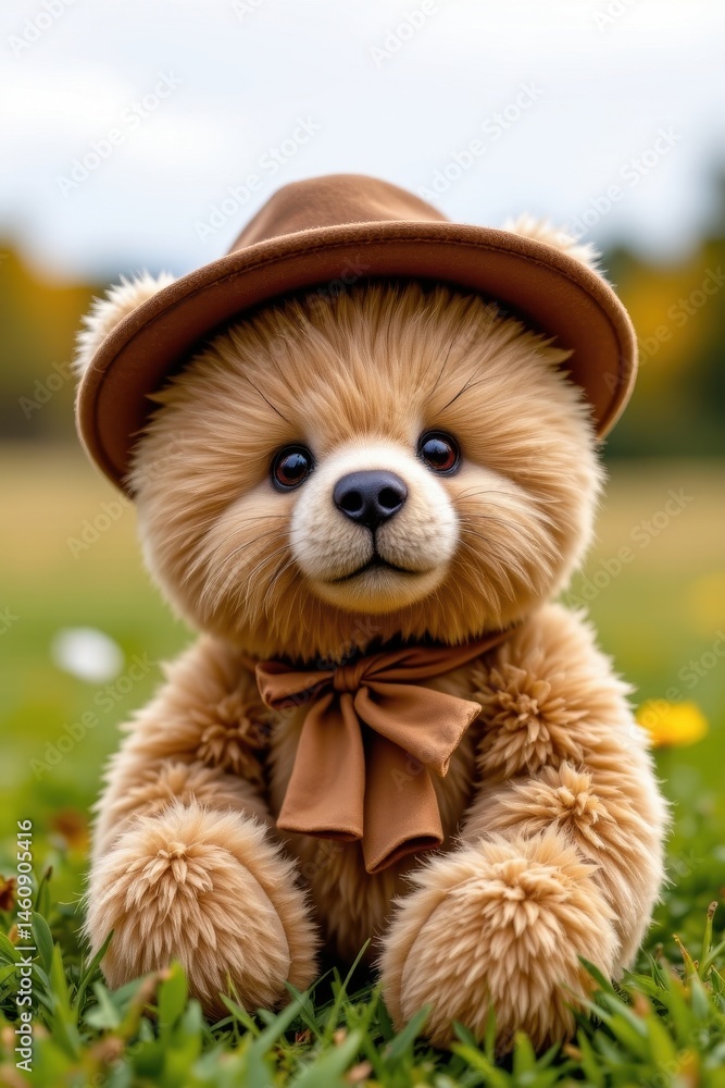 Poster create a cute and fluffy bear wearing a hat as the focal point of your image, placed on the right si