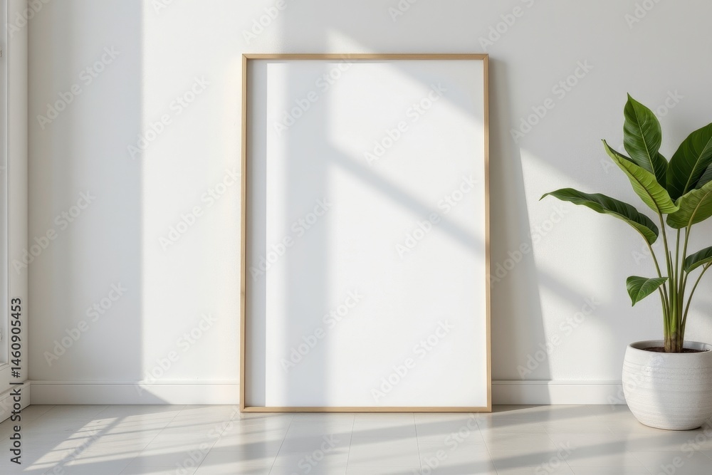 Poster create a modern minimalist photo mockup of a blank vertical frame displayed against a clean wall