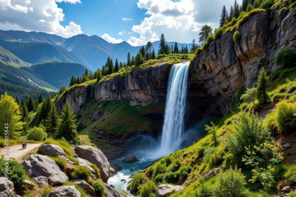 Aufkleber create a captivating image of a waterfall cascading down in the mountains, the subject should be pla