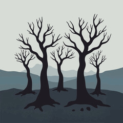 Skeletal trees silhouetted in dark landscape, environmental symbolism