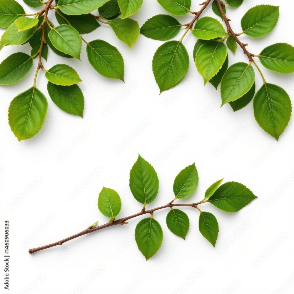 Poster create a high resolution image featuring a fresh branch with green leaves isolated on a white backgr