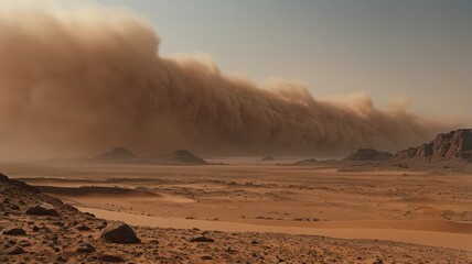 A wide desert landscape with a large sandstorm approaching and mountains in the background at daytime
