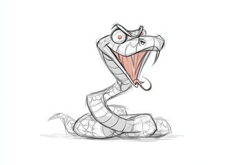 Cartoon snake sketch design, dynamic pose,  in grayscale.