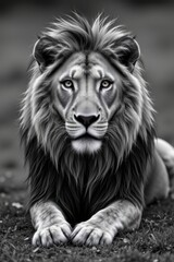 a majestic lion, captured in a classic black and white image, positioned centrally with plenty of room for text and branding, perfect for photos, no people.