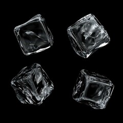 Obraz premium Four ice cubes floating on black background studio shot for cold drink ingredient or abstract design element