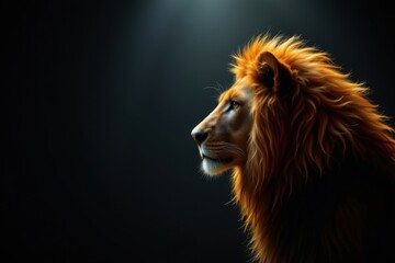 Naklejka premium create a dramatic image featuring a golden lion kings head in profile view against a dark background, the lion has a mane and is under glaring beams