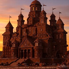 Fototapeta premium This impressive castle, constructed from various shades of chocolate, boasts imposing towers, detailed facades, and delicate architectural elements