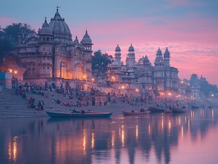 Obraz premium Serene sunrise over ghats, river, people