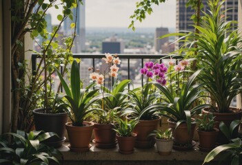Fototapeta premium Vibrant balcony garden with blooming orchids and lush greenery