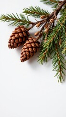 Fototapeta premium create a stunning close up of pine cones and branches set against a white background, capture this scene in a realistic sunny style