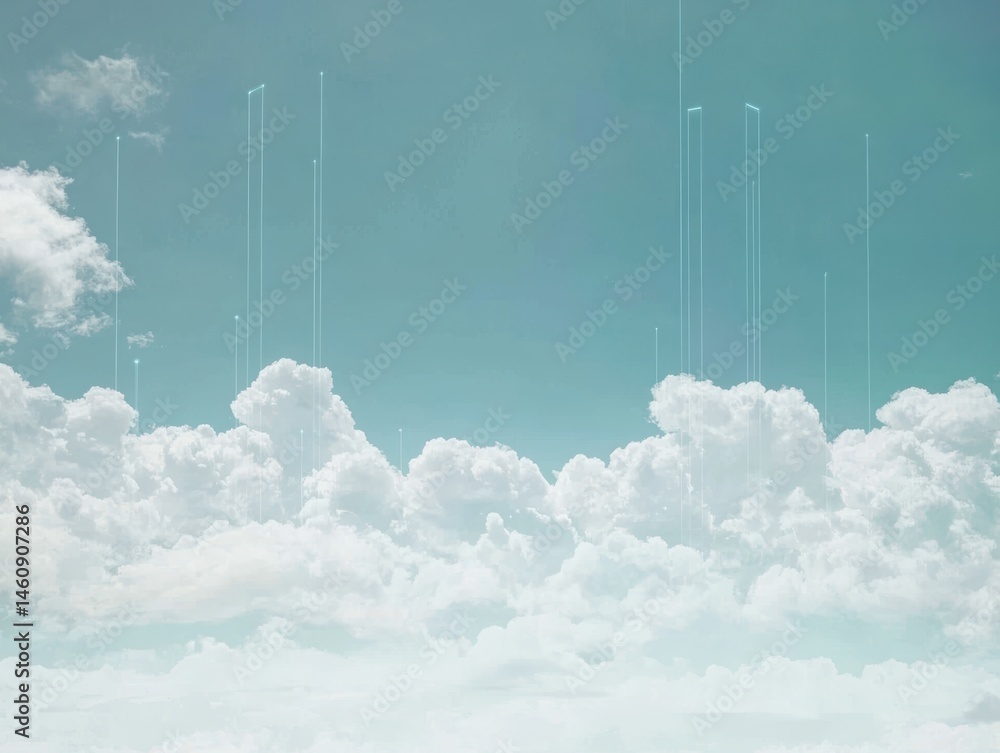 Poster cloudscape with digital lines ascending into sky depicting data transfer and connectivity in pastel 