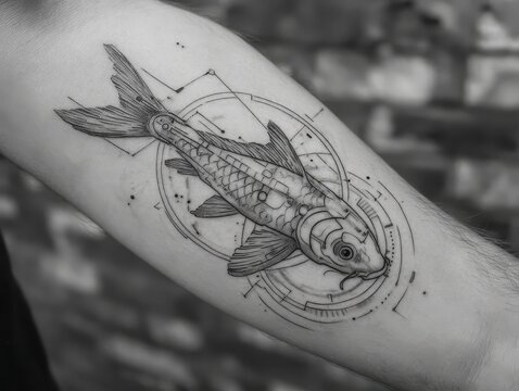 Detailed grayscale fish tattoo design with geometric patterns.