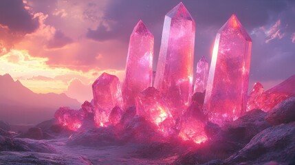 Radiant pink crystals emerge from a mountain landscape.