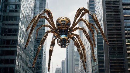 A mechanical spider with golden legs and a camera eye hovers in front of city skyscrapers