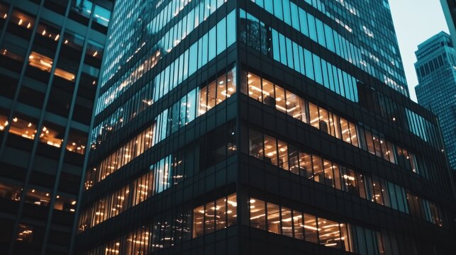 Illuminated skyscraper at dusk, showcasing modern architecture and urban development.