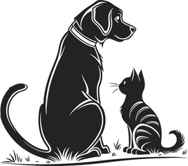 Black and White Illustration of a Dog and Cat Bonding Side by Side