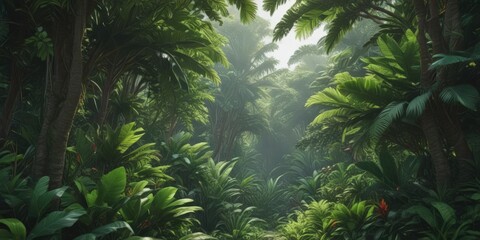 Lush, vibrant tropical foliage creates a dense, verdant canopy ,  sunlight, tropical forest
