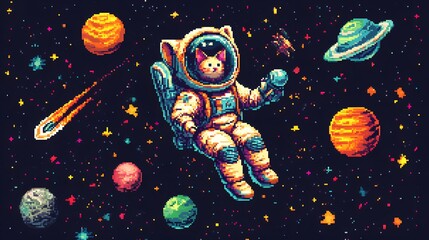 Naklejka premium Pixel art cat astronaut with a bubble helmet in space surrounded by colorful stars planets and a tiny spaceship