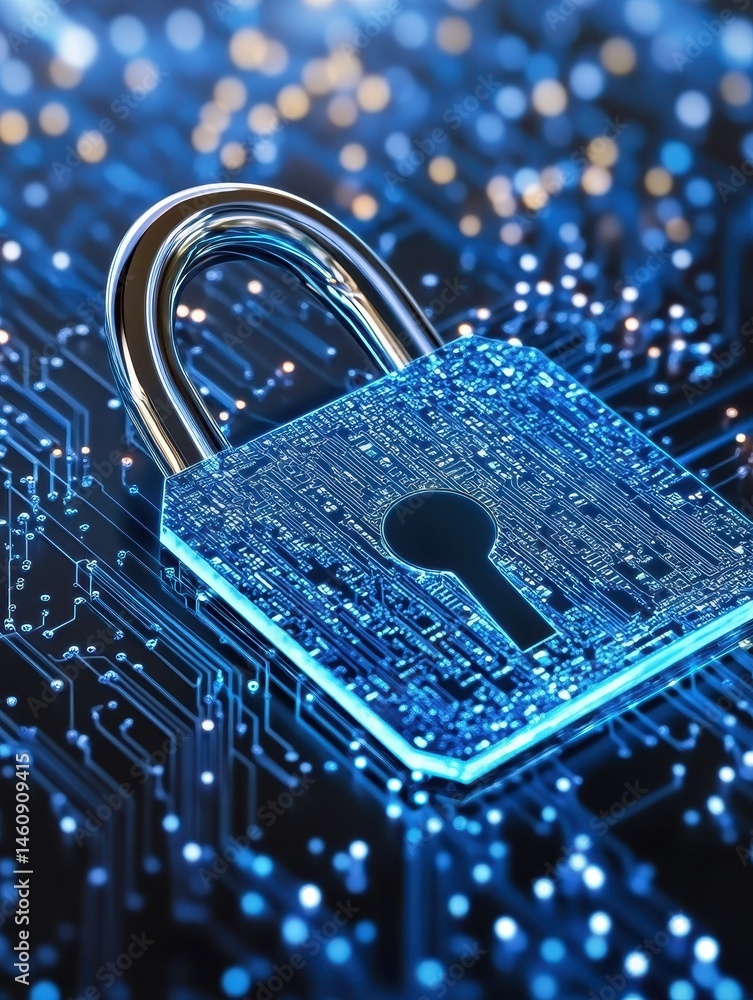 Poster padlock on circuit board close up digital security cyber safety technology data protection encryptio